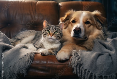 a dog and a cat lazing on a couch, close up, close-up photo