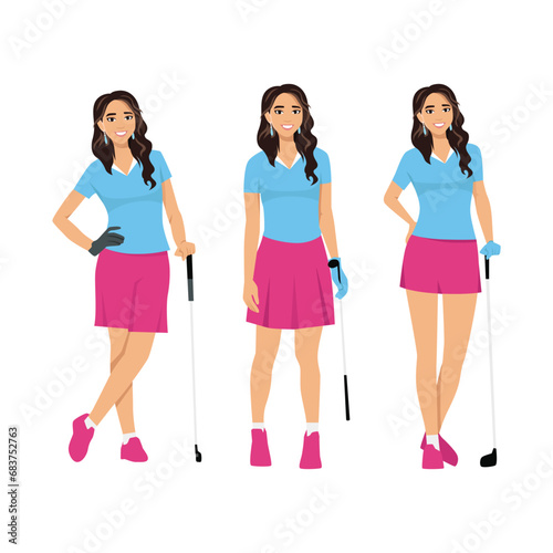 Golf playing. young golfer poses for a photo. with golf clubs on green grass. Flat vector illustration isolated on white background