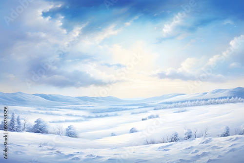 A captivating ultrawide background image capturing the serene beauty of light snowfall gracefully descending over a landscape © h3bs