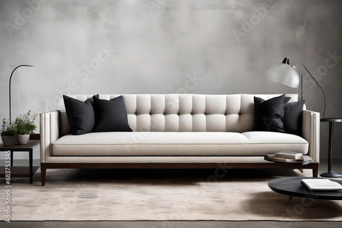 Craft a sophisticated 3:2 image of a Tuxedo Sofa, focusing on its clean lines and tailored look. 