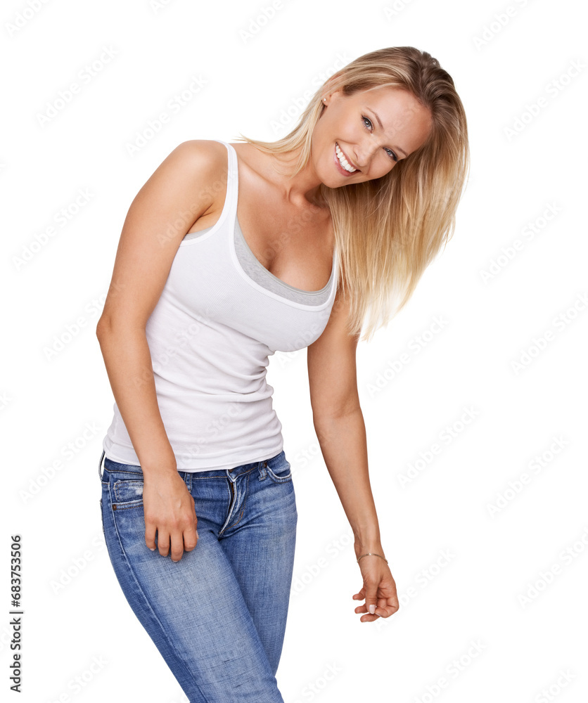 Fototapeta premium Casual, happy and studio portrait of a woman with fashion, style and relax in trendy jeans and clothes. Smile, confident and fashionable female model outfit isolated on white background in tank top