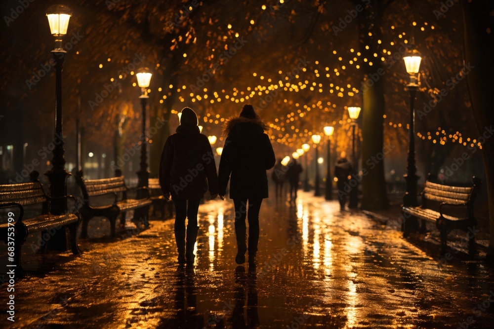 people walking along a path in a rainy city park at night, autumn season, wet, street illumination and lights