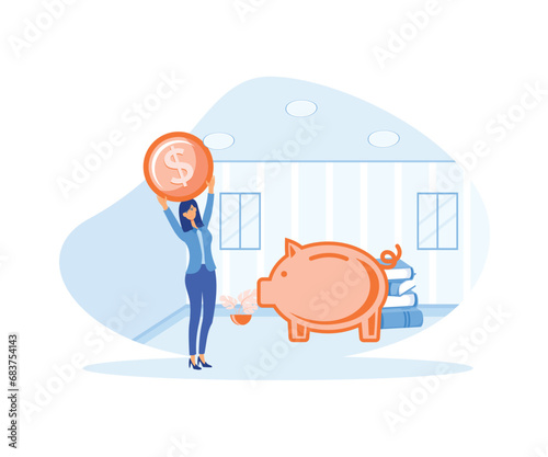  Personal finance management. Woman hand holding coin money. Save money and financial investment.  flat vector modern illustration 