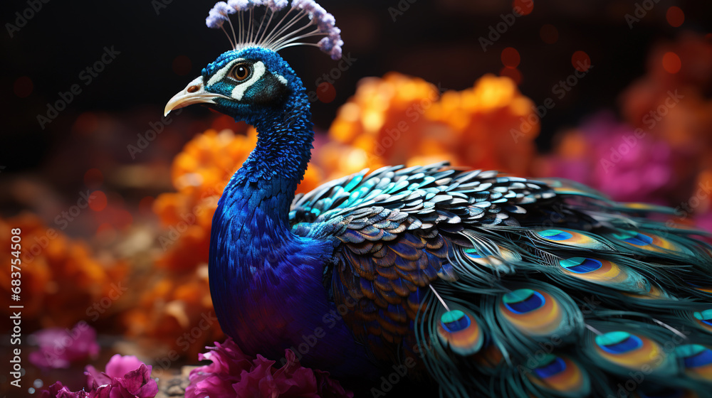 Fototapeta premium Close Up of Colorful Peacock Face on Selective Focus Background