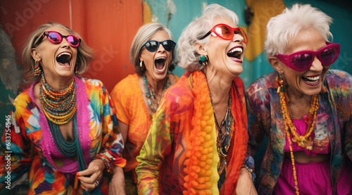 several old ladies in colorful outfits smiling for the camera