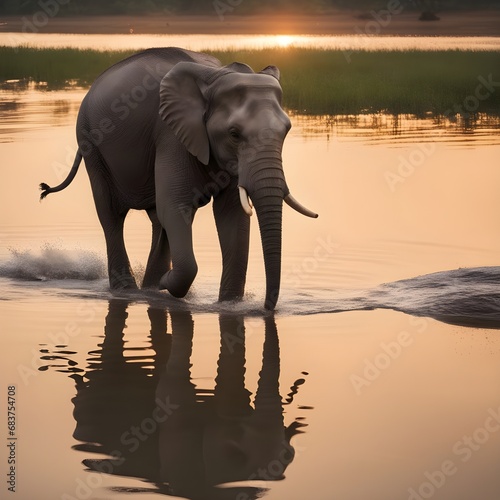 Elephant walking on the lake in the afternoon when sun sets