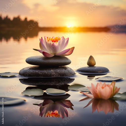  Spa Stones And Waterlily In Lake At Sunset