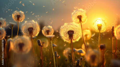 Landscape of dandelions on a field. Close-up .