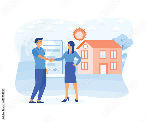 Man buying property with mortgage, man and woman shaking hands receiving bank approval. flat vector modern illustration 