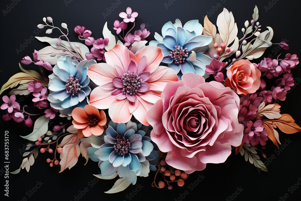 3d handmade Paper Flowers in light pastel colours with copy space on black background. Colorful 3d Artificial multicolored flower frame background and wallpaper. High quality photo