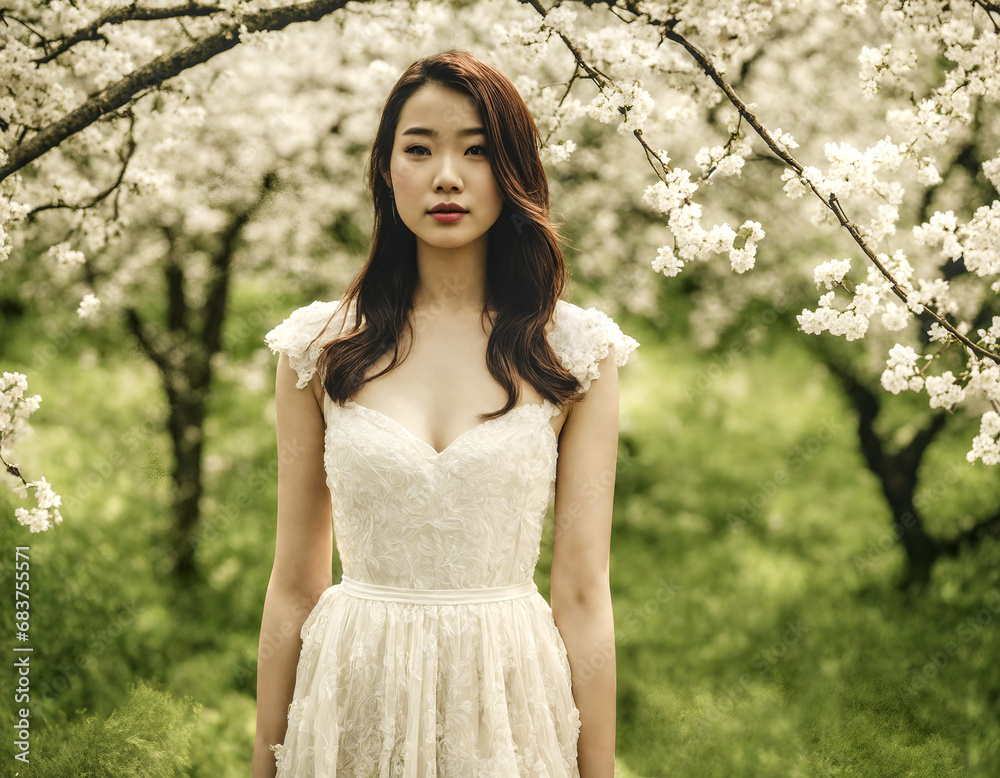 Portrait of a woman in a white dress with lace, standing in front of a blooming tree. Concepts of spring and beauty. Portrait of a woman in a white dress with lace, standing in front of a blooming tree. Concepts of spring and beauty.