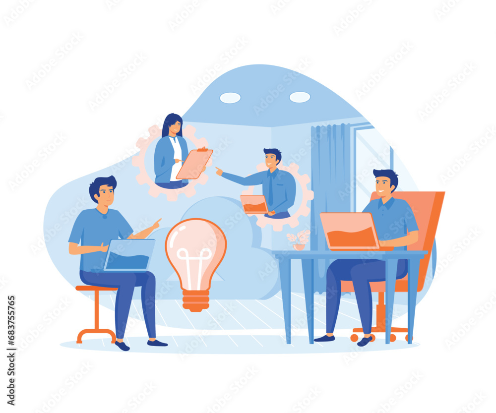 Teamwork of users connected by cloud computing and light bulb. flat vector modern illustration . flat vector modern illustration Teamwork of users connected by cloud computing and light bulb. flat vector modern illustration . flat vector modern illustration
