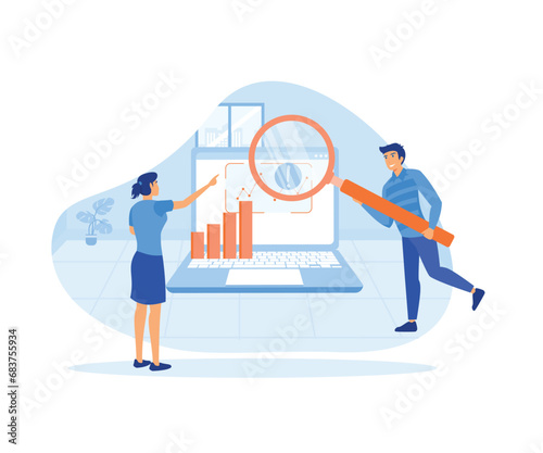 Man and woman looking at remote server from laptop using magnifying glass  to analyzing large sets of data and recognizing mistakes.  flat vector modern illustration 