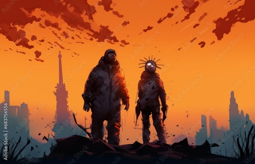 Digital illustration painting design style a couple wearing Hazmat Suit, Mask and standing beside of ruined Statue, against virus in the air, Generative AI