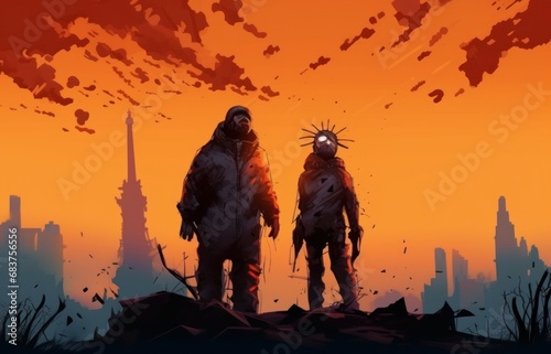 Digital illustration painting design style a couple wearing Hazmat Suit  Mask and standing beside of ruined Statue  against virus in the air  Generative AI