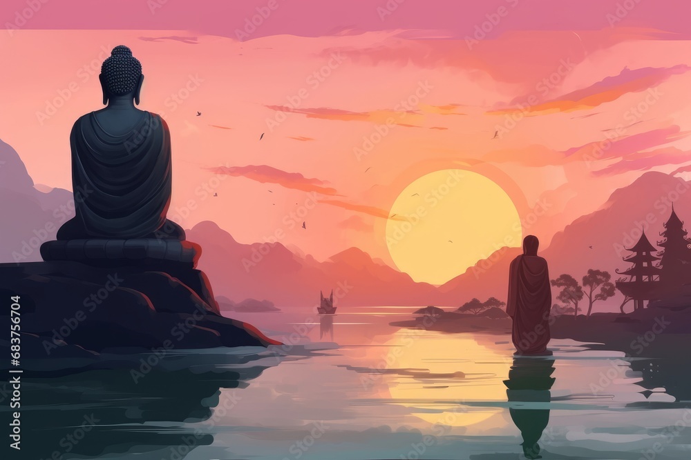 Digital illustration painting design style fisherman standing on the rock and looking at to big statue of Buddha statue, against sunset, Generative AI