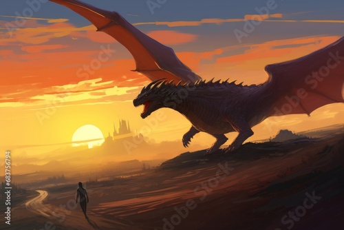 Digital illustration painting design style big dragon flying above a farm  against sunset  Generative AI