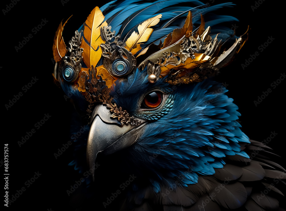A Colorful Beautyful parrot Bird in blue and Gold Feathers, perfect closeup portrait, Dark Dramatic light. A Colorful Beautyful parrot Bird in blue and Gold Feathers, perfect closeup portrait, Dark Dramatic light.