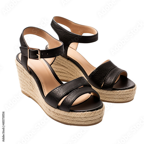 Angled view of strappy black espadrilles shoes isolated on a white transparent background 