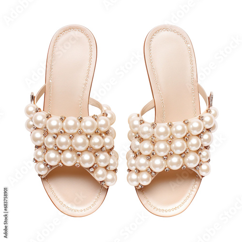 Top view of pearl-embellished slides shoes isolated on a white transparent background 