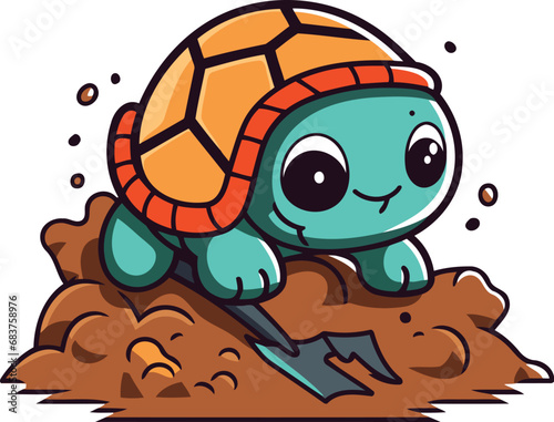 Cute turtle with a shovel in the sand vector illustration