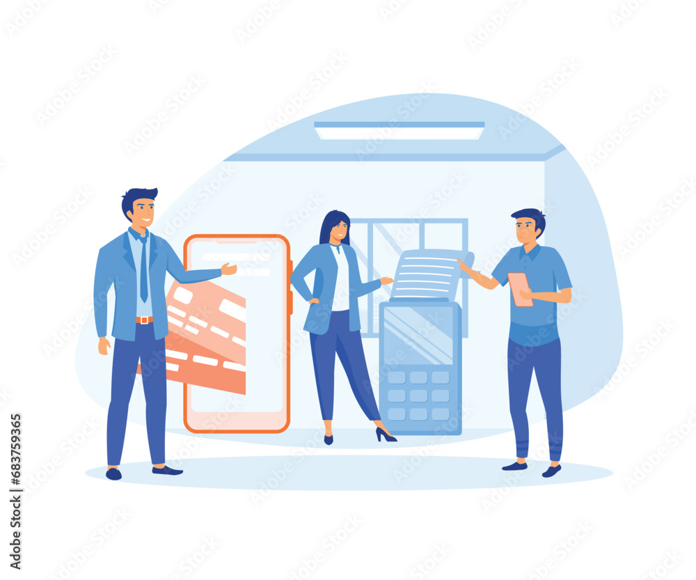  Online and mobile payments concept. Pos Terminal confirms the payment using a smart phone, Mobile payment, online banking. flat vector modern illustration 