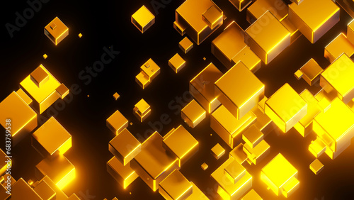 Abstract background 3D  many gold cubes with neon golden glow on black  interesting science technology background.