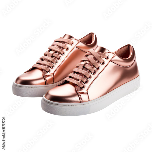 angled view of metallic rose gold sneaker shoes isolated on a white transparent background 
