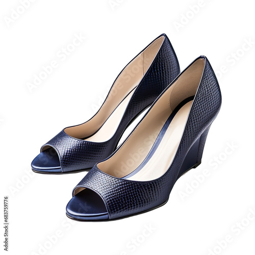 angled view of navy blue wedges shoes isolated on a white transparent background 