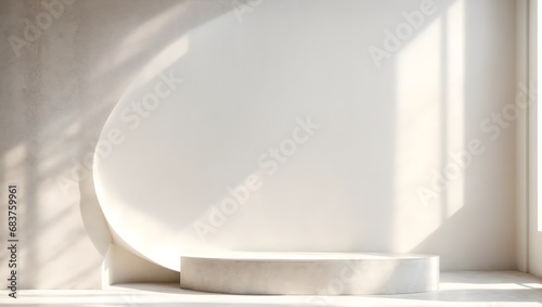 Blank beige cement curve counter podium for luxury organic cosmetic, skincare, beauty treatment product.