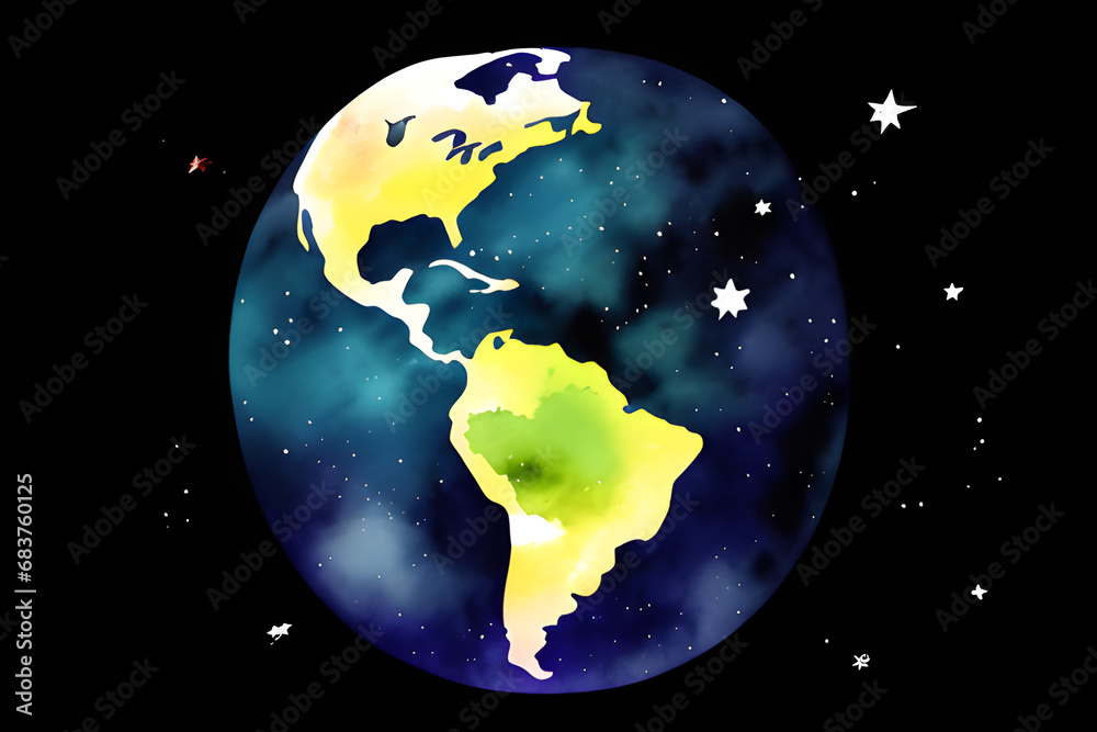 Planet Earth with American continent in deep space with stars Science Astronomy Backdrop Watercolor Style Planet Earth with American continent in deep space with stars Science Astronomy Backdrop Watercolor Style