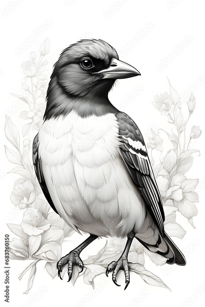 Fototapeta premium Black and white illustration of crow on a branch.