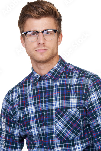 Man, portrait and serious in studio with vision or glasses for marketing or advertising designer eyewear. Person, face and optometry with eye care and prescription eyeglasses on white background