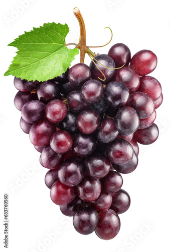 Cluster of red table grape with grape leaves isolated on white background. File contains clipping path.