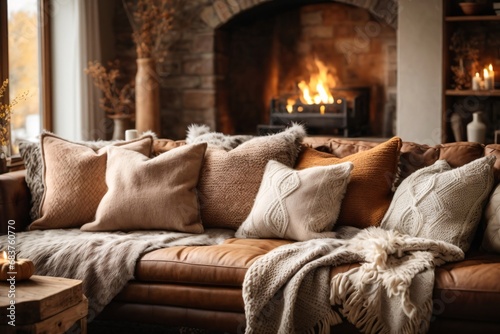 Rustic sofa with many pillows, knitted and fur blankets by fireplace. Warm and inviting autumn atmosphere. Farmhouse, nordic home interior design of modern living room.