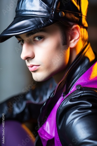 a young man wearing a 90s neon hat,  light amber, and black, urban cap photo