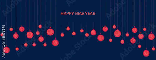  Christmas universal background. Vector hand drawn Christmas balls frame with copy space. Suitable for email header, post in social networks, advertising, events and page cover, banner, background