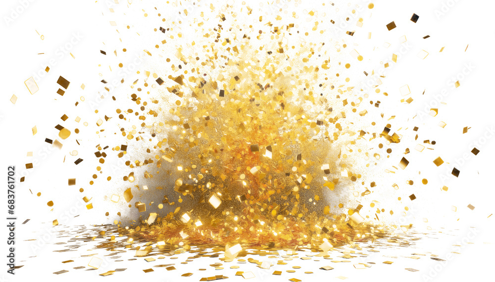Festive golden confetti explosion on a transparent background, celebration concept. Generative AI