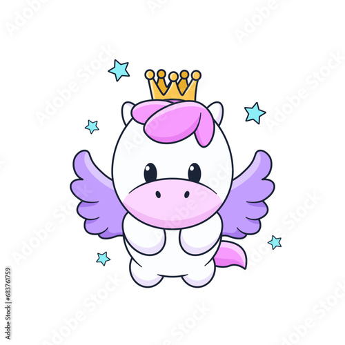 isolated cartoon unicorn with crown and stars.