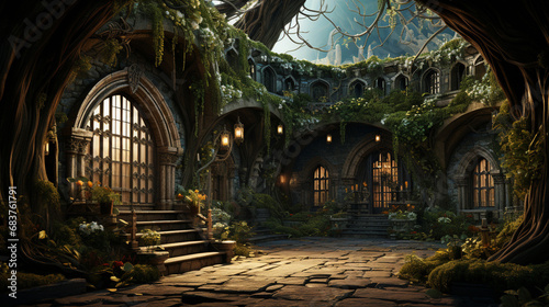 archway covered with vine in the middle of fantasy fairy tale forest landscape. Generative AI