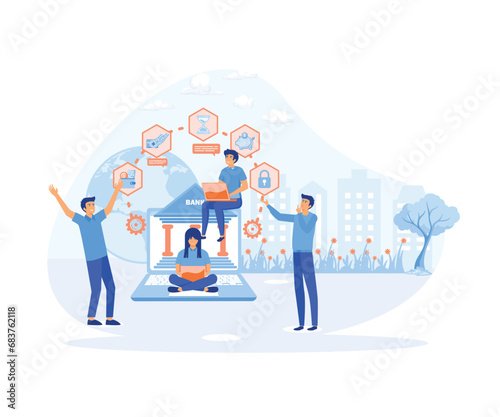 online Internet banking concept, bank employers help to carry out online payment and savings transactions around the world. flat vector modern illustration 