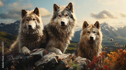 Wild wolfs in nature wilderness. Generative AI