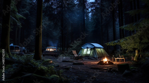 Group of Tents in the Middle of a Forest. Generative Ai