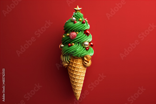 Cristmas tree shaped ice cream cone green red and gold colors