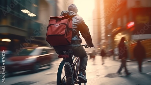 Focused young male delivery man in protective helmet riding bicycle with cardboard boxes on street in city