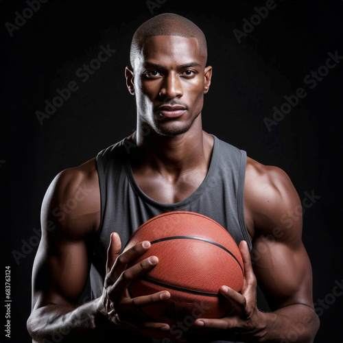 Realistic afro-american basketball player holding ball in his arms. Dark background. AI generated image. © sergeygerasimov