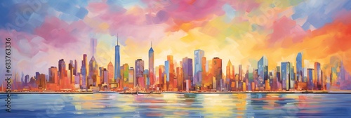 an exciting painting of a skyline with bright color palettes soft tonal transitions photo