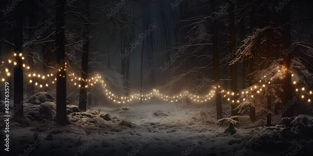 Unique Christmas lighting patterns on forest background Winter Night Snowy Image Winter Wonderland Party Image with lights Ai Generative