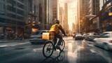 Back view of unrecognizable delivery man with backpack and courier riding bicycle on street between city buildings during sunset