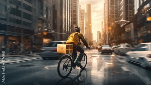 Back view of unrecognizable delivery man with backpack and courier riding bicycle on street between city buildings during sunset